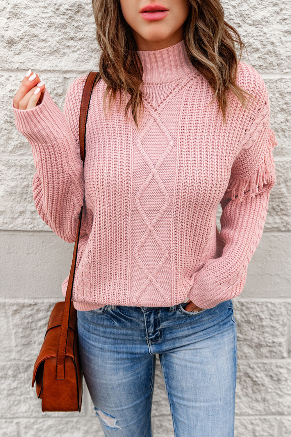 Fringe Detail Mixed Knit High Neck Sweater
