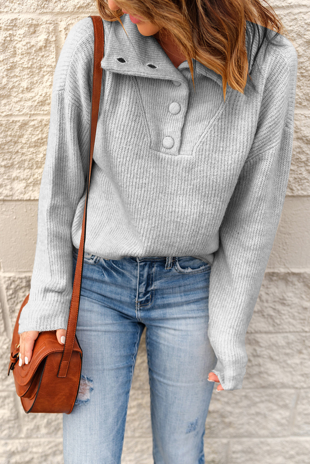 Half Button Dropped Shoulder Ribbed Sweater