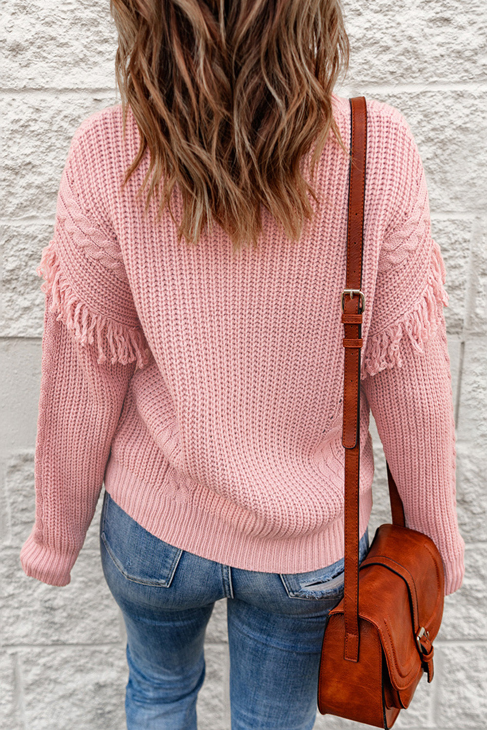 Fringe Detail Mixed Knit High Neck Sweater