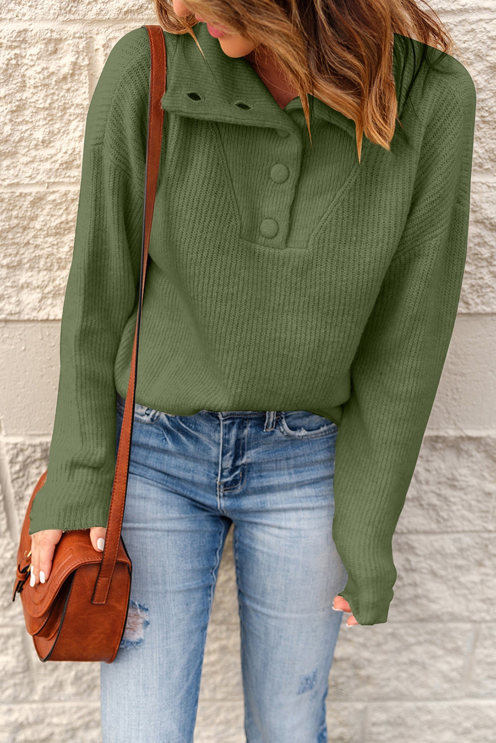 Half Button Dropped Shoulder Ribbed Sweater