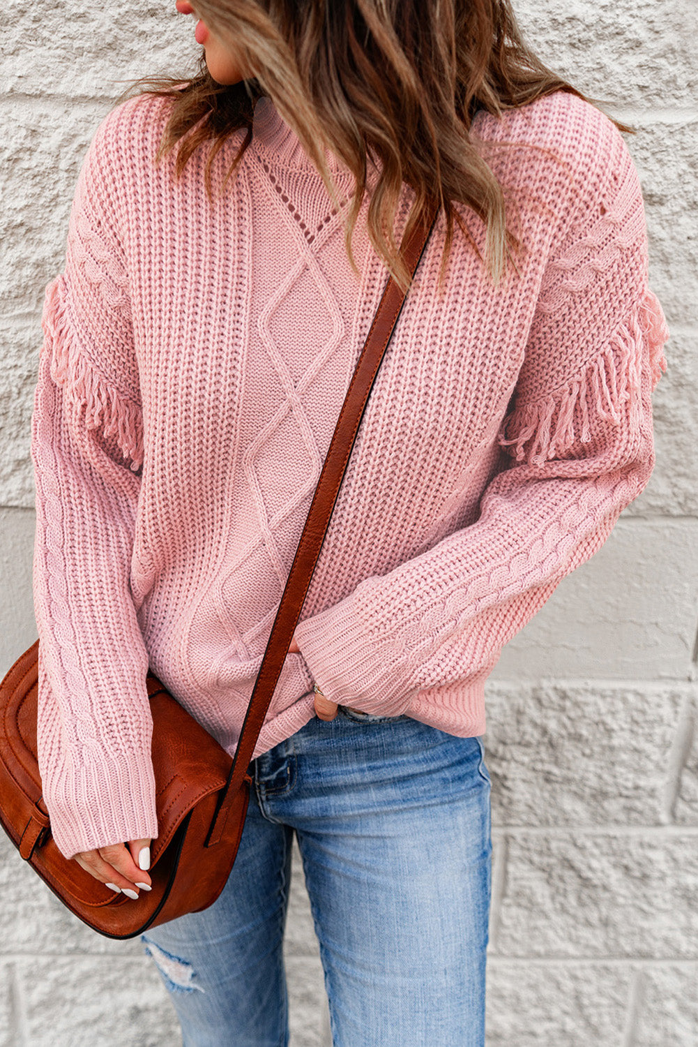 Fringe Detail Mixed Knit High Neck Sweater