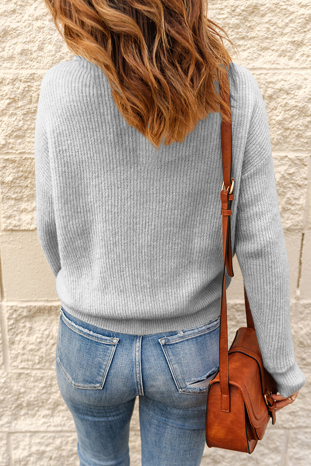 Half Button Dropped Shoulder Ribbed Sweater
