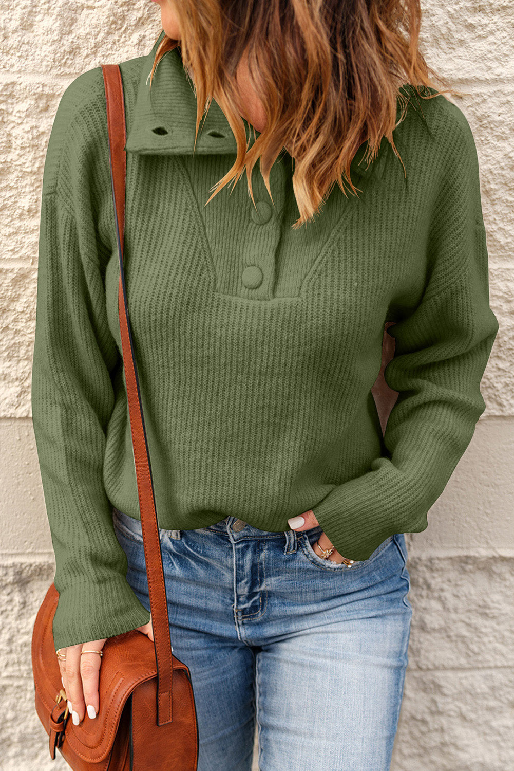 Half Button Dropped Shoulder Ribbed Sweater